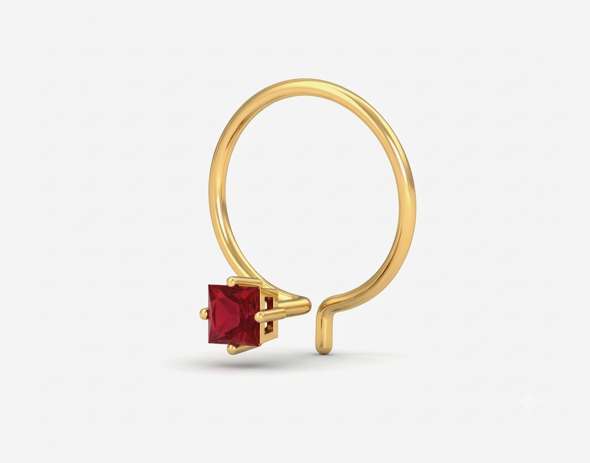 9K Gold 2.5 mm Princess Cut Red Stone Nose Pin