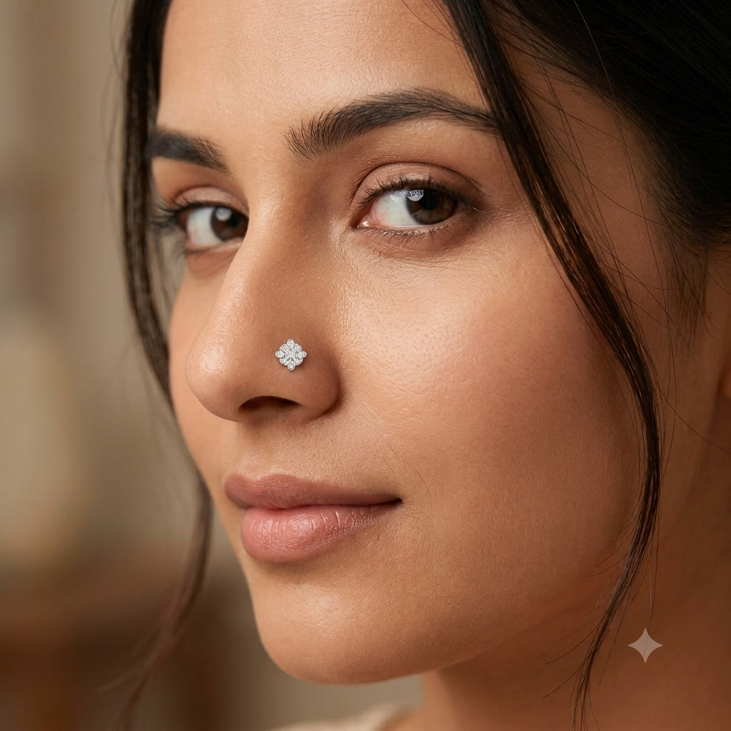 9KT Gold Diamond Clover Nose Pin for Women