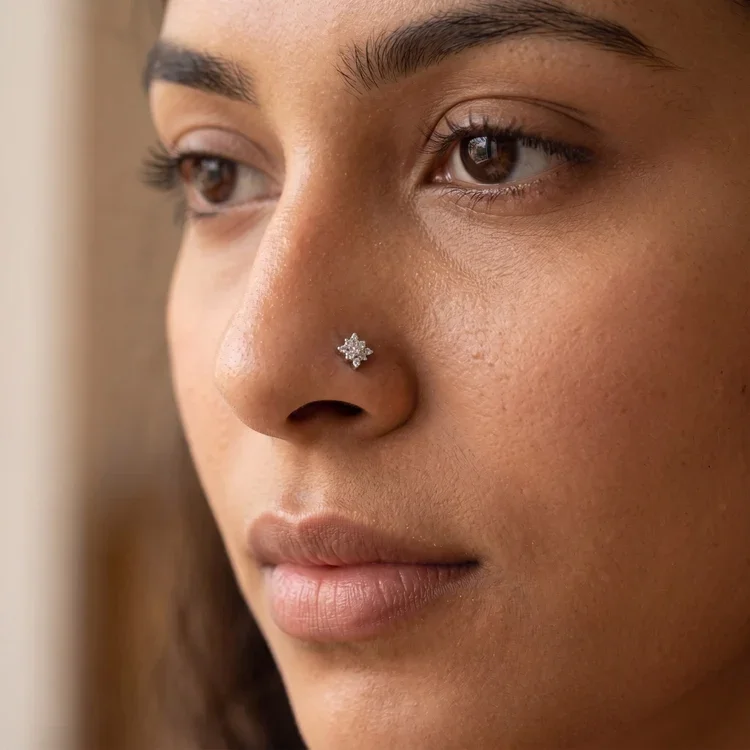 9KT Gold Diamond Floral Nose Pin for Women