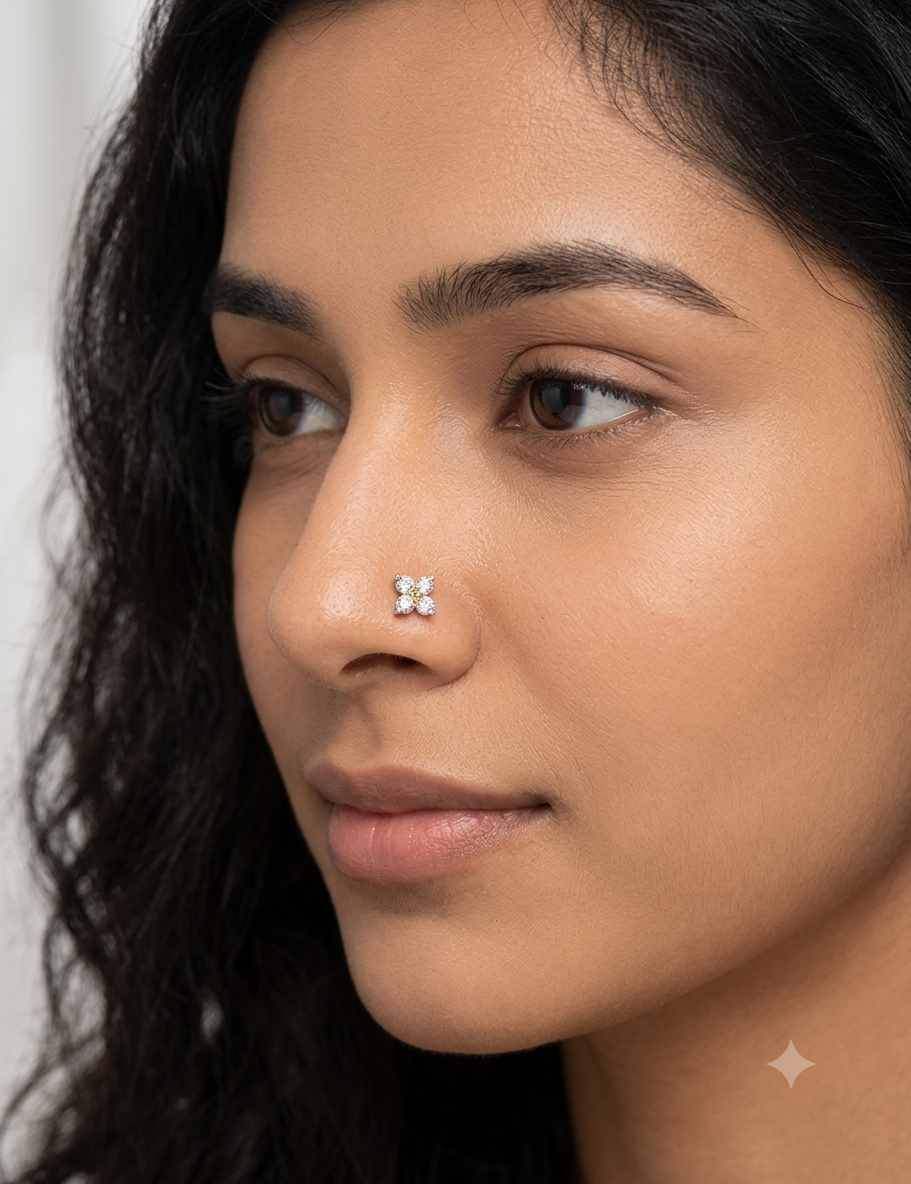 9KT Gold Diamond Four Stone Flower Nose Pin for Women