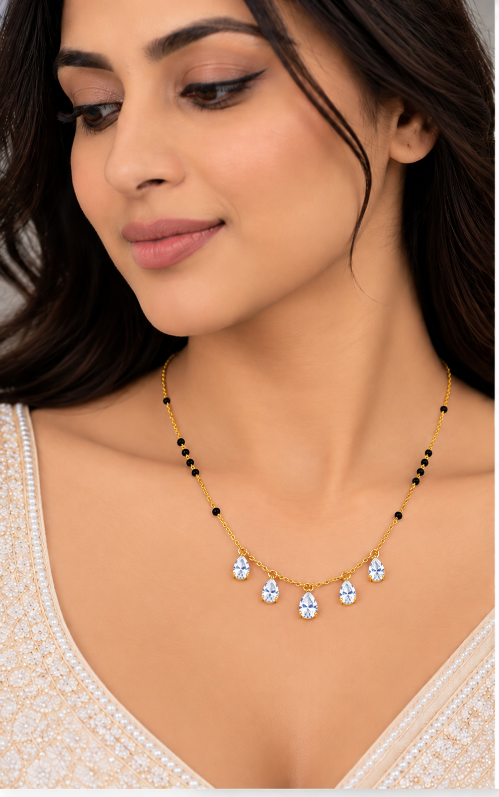 9KT Gold Pear Diamond Mangalsutra Necklace for Women