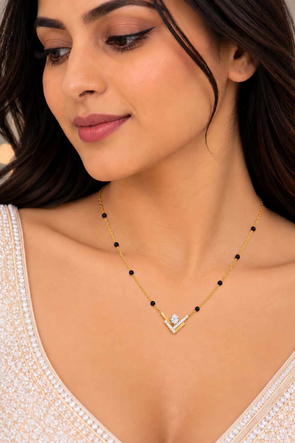9KT Gold V-Shaped Diamond Mangalsutra for Women