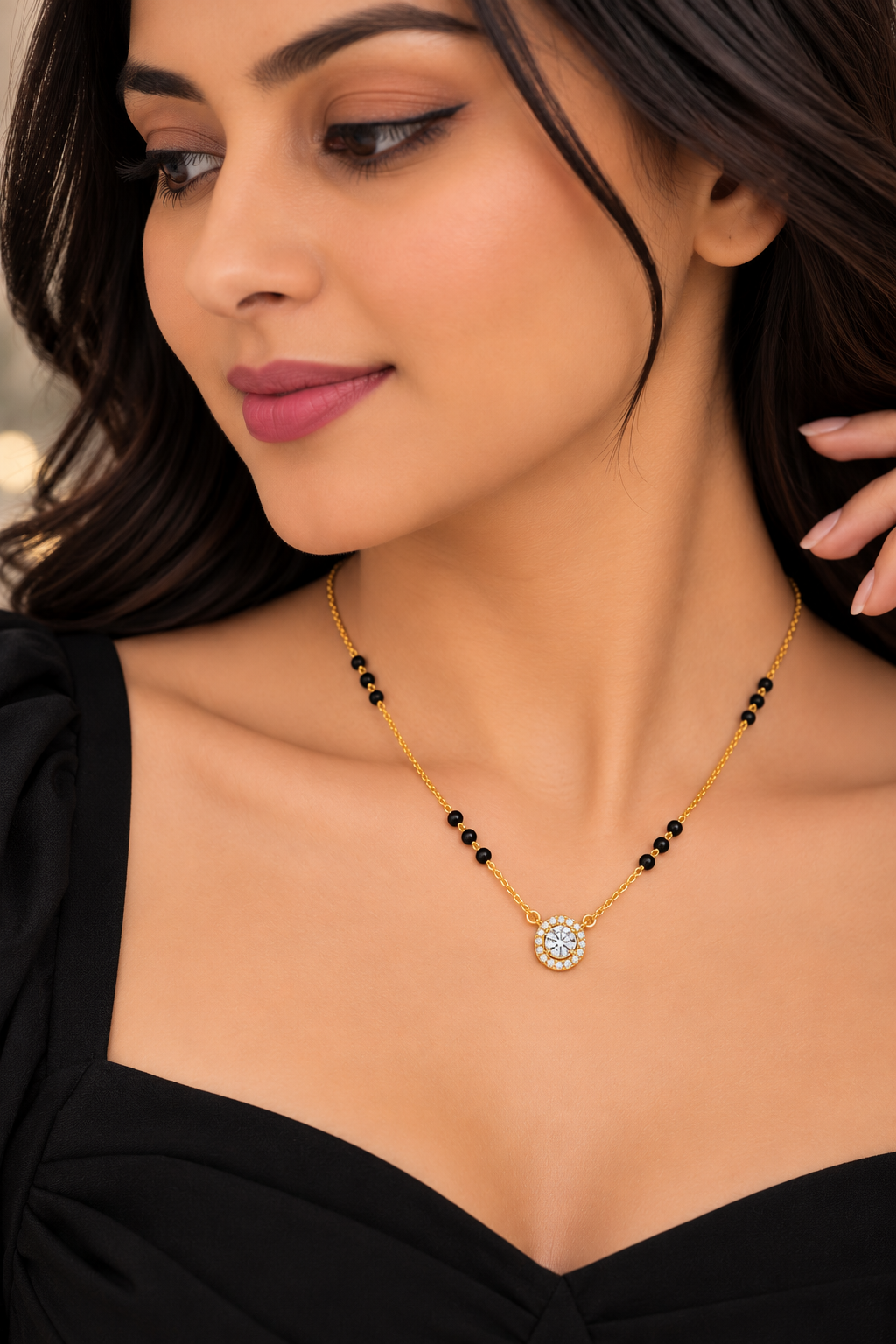 9KT Gold Solitaire Halo Diamond Mangalsutra for Women