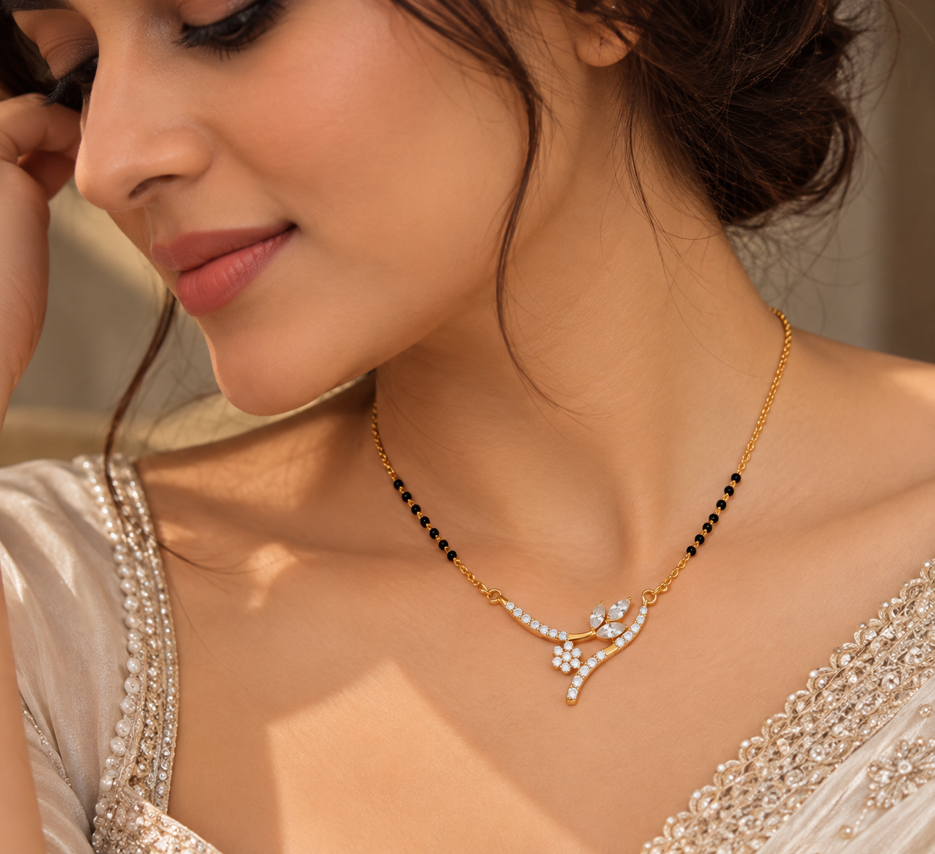 9KT Gold Floral Vine Diamond Mangalsutra for Women