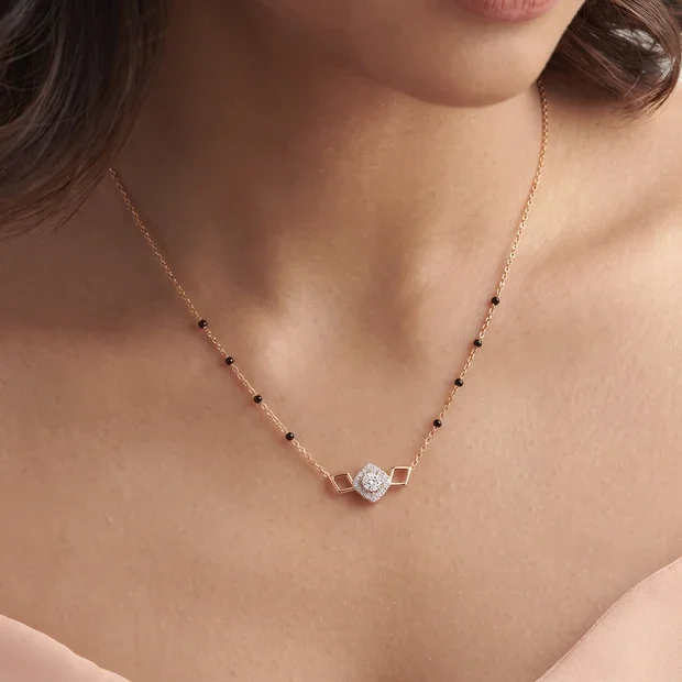 9KT Gold Geometric Halo Diamond Mangalsutra for Women
