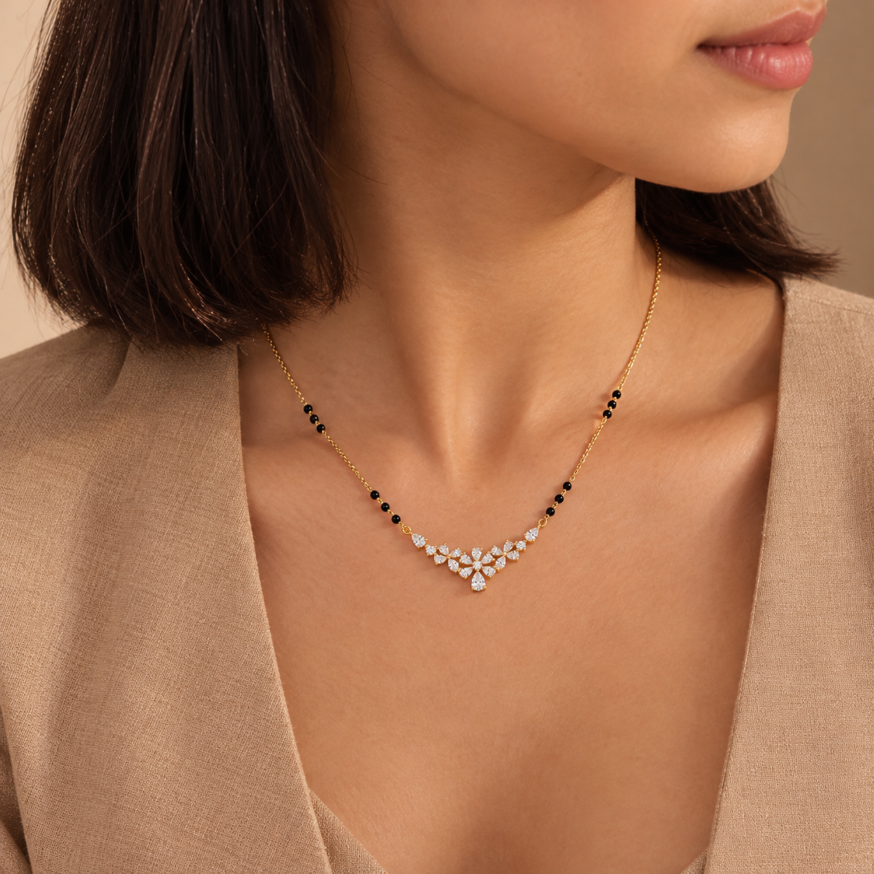 9KT Gold Floral Pear & Marquise Diamond Mangalsutra