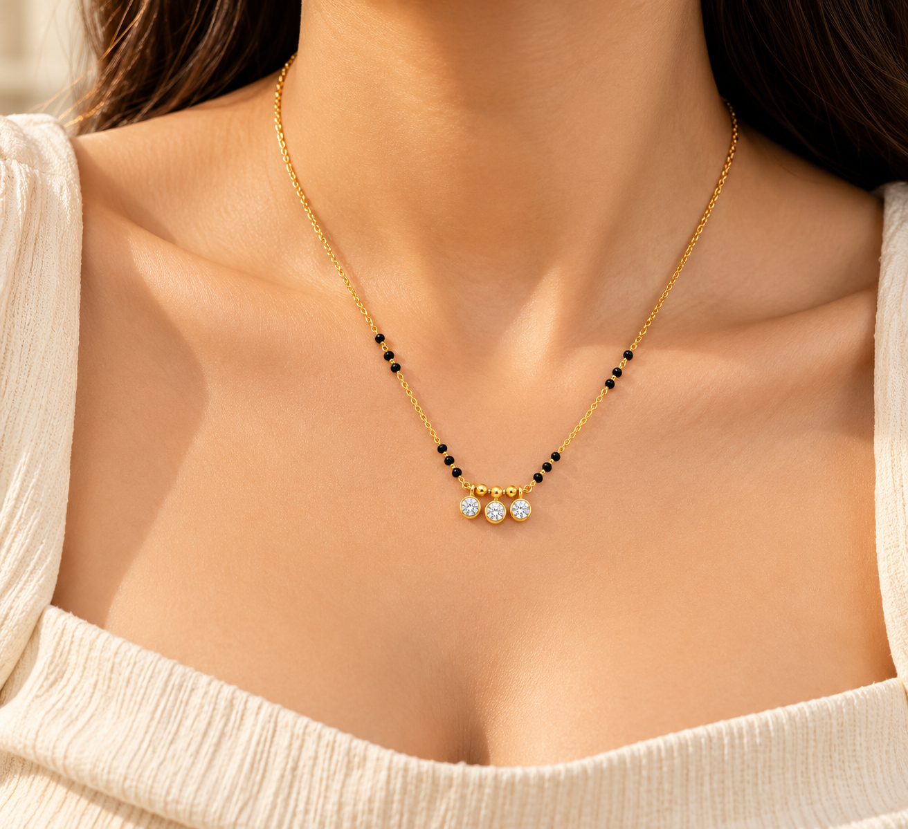 9KT Gold Three-Stone Solitaire Charm Mangalsutra for Women
