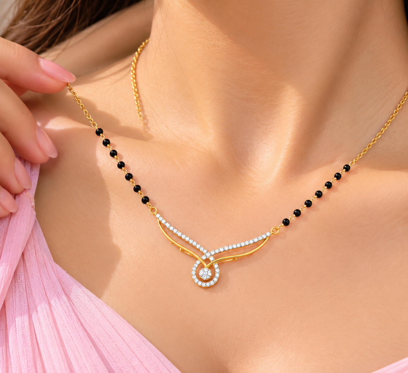 9KT Gold Winged Diamond Halo Cluster Mangalsutra for Women