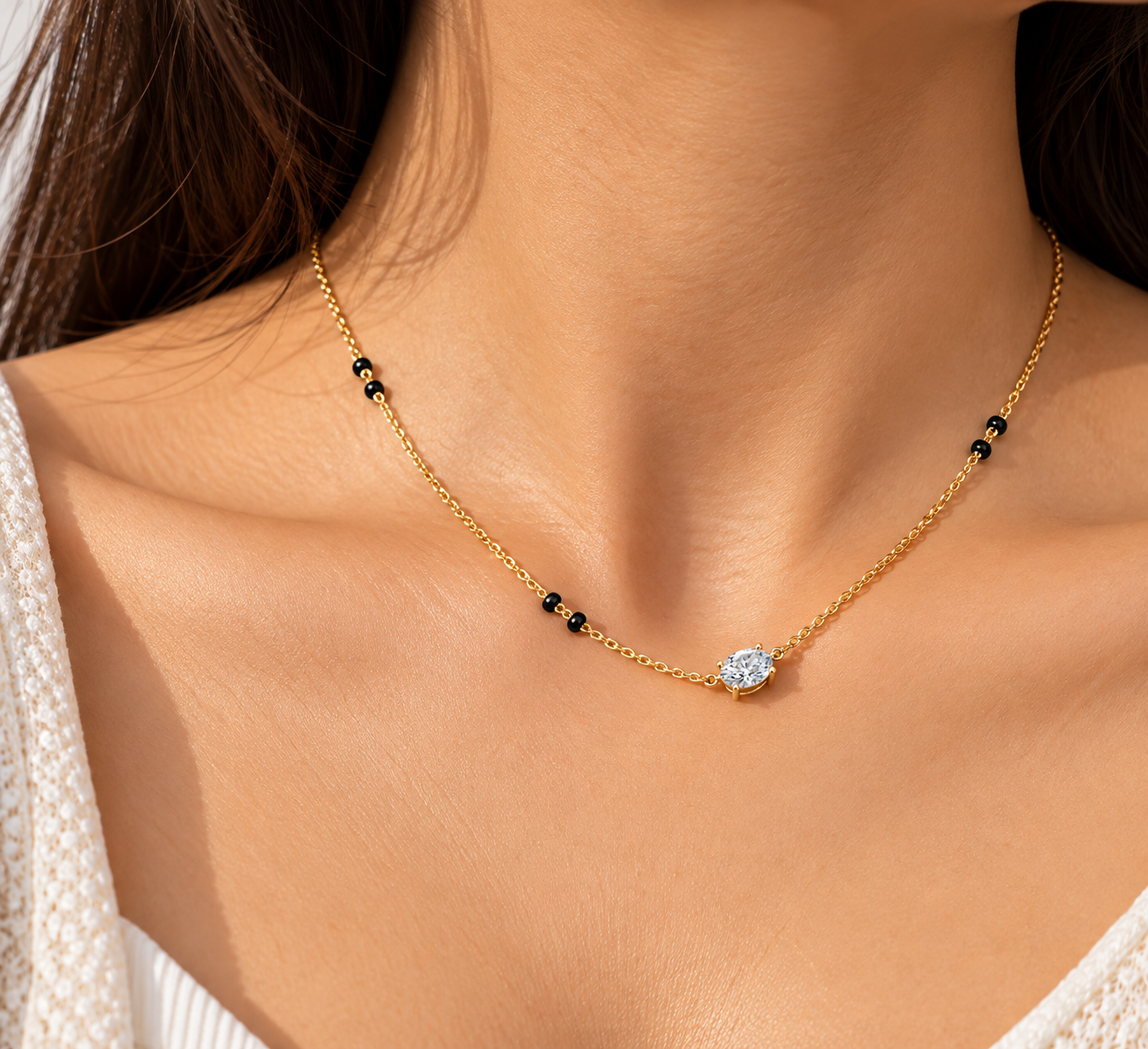 9KT Gold Oval Solitaire Diamond Mangalsutra for Women